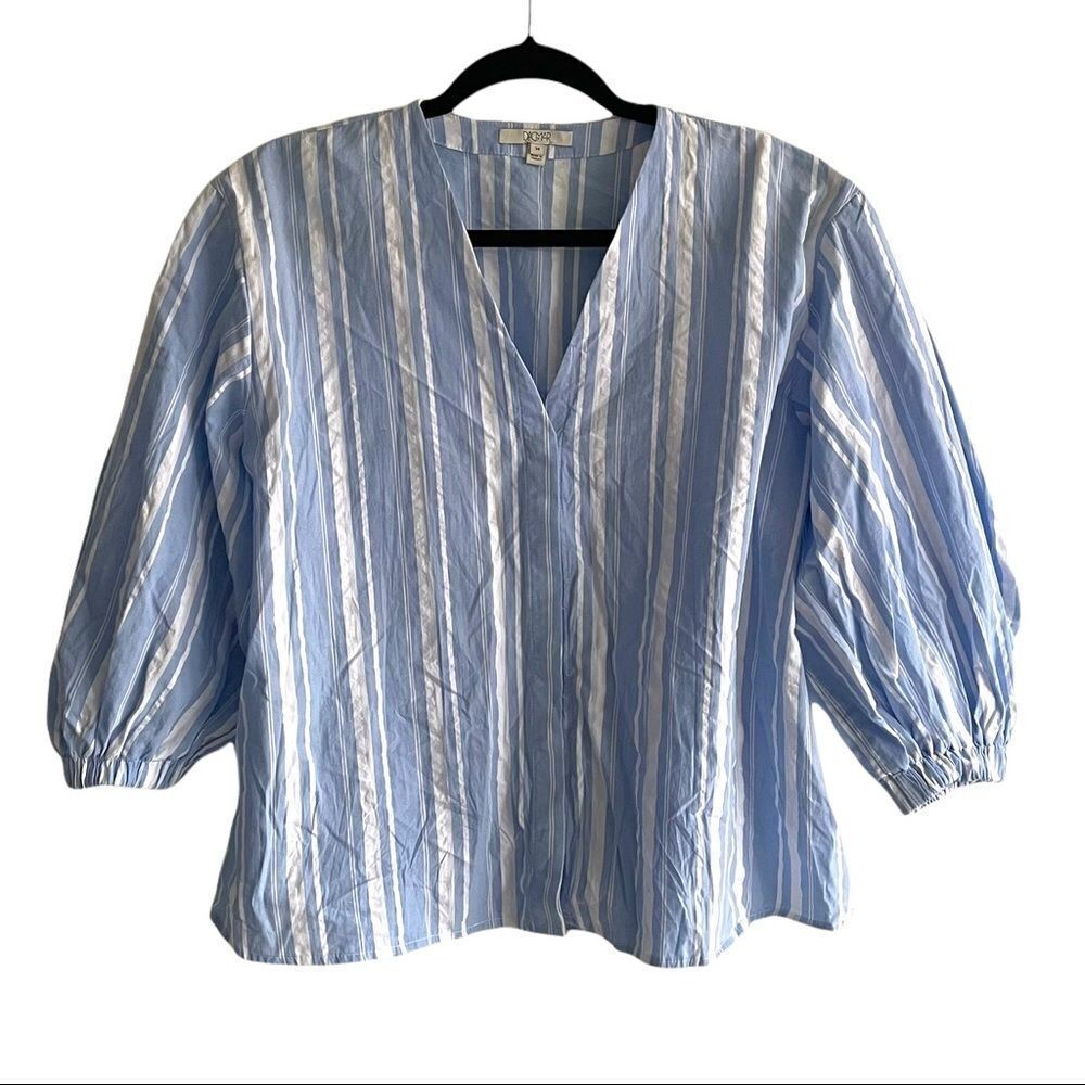 HOUSE OF DAGMAR Organic Cotton Striped V-Neck Blouse Blue White 34